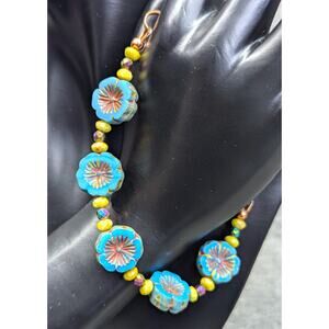 Pieces of Lena Handmade Bracelet, Blue Hibiscus Flower Beads, Hook Clasp